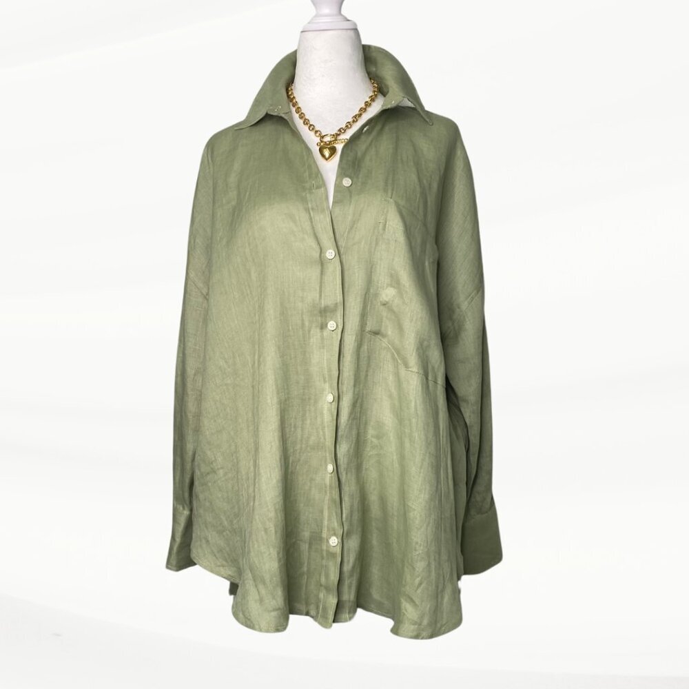 Zara Olive Green Button-Down Linen Shirt